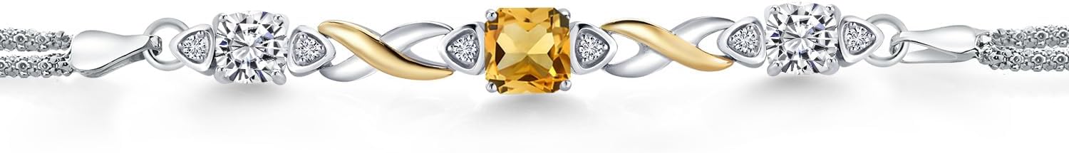 Gem Stone King 925 Silver and 10K Yellow Gold Yellow Citrine and Lab Grown Diamond Bracelet For Women | 2.45 Cttw | Gemstone November Birthstone | Cushion 6MM | 7 Inches | Made in Italy