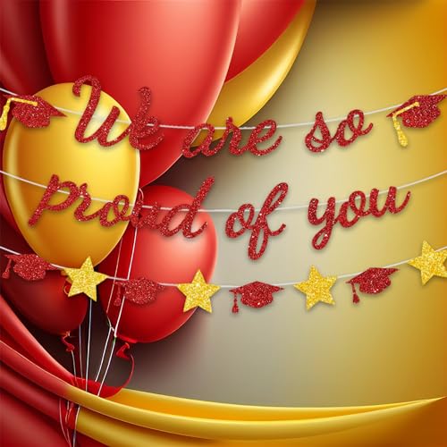 Image of We Are So Proud Of You Banner Graduation Party Decorations Glitter Congratulations Class Grad Ideas Red Gold