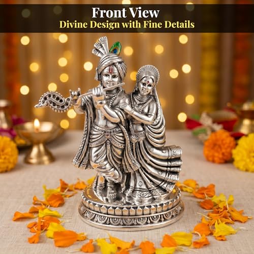 Image of Premium Silver-Plated Radha Krishna Idol Statue for Pooja Room | Home Decor | Mandir Temple | Radha Krishna Statue | Decorative Showpiece | Festive Gifting | 5.3 Inch