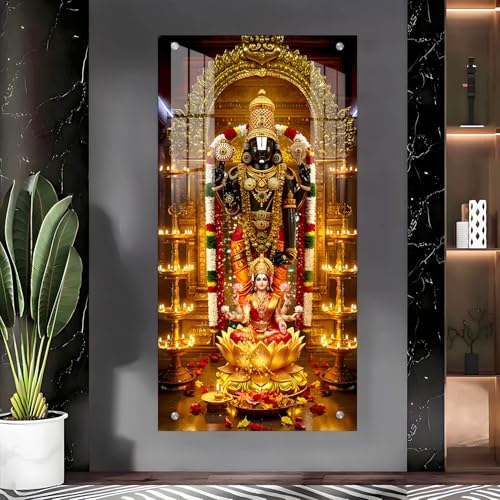 Image of The Hanging Story Tirupati Balaji & Lakshmi Mata Wall Painting for Home Decor Living Room Bedroom | Vastu Spiritual Wall Art, 4MM Acrylic Glass Finish (18x34 inch)