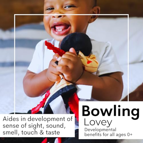 Image of Baby Jack & Co 10x10 Bowling Sports Lovey Sensory Plush Blanket - Tag Toys for Babies - Baby Stroller Toys - Learn Shapes, Letters & Colors - Perfect MVP Baby Toy & Baby Sports Gift w /Stroller Clip