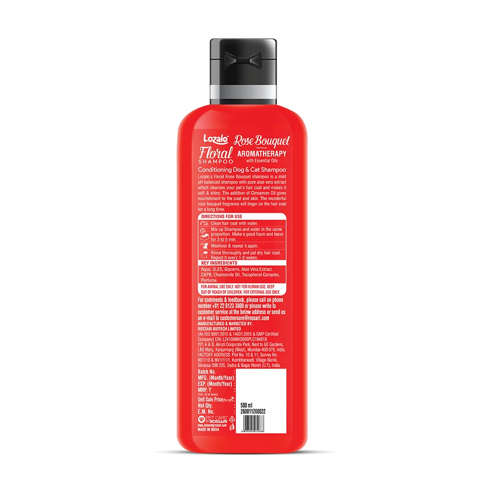 Lozalo Floral Aromatherapy Pet Conditioning Shampoo - 500ml, Rose Fragrance, Coat Cleansing, Odour Control Shampoo for Dogs & Cats, with Aloe Vera Extract and Cinnamon Oil to Promote Healthy Skin 1
