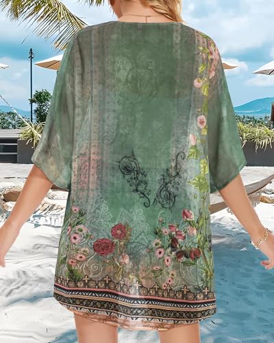 image for CHICGAL Women's Floral Print Puff Sleeve Kimono Cardigan Loose Cover U