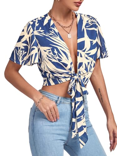 Image of LYANER Women's Sexy Deep V Neck Tie Front Wrap Cropped Blouse Bell Short Sleeve Ruffle Crop Tops