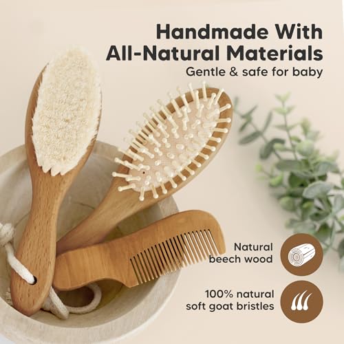 Image of Wooden Baby Hair Brush Set for Newborns, Toddler Comb (Golden Oak, Regular) | Soft Goat Bristle, Baby Brush and Comb Set, Infant Grooming Kit, Cradle Cap Care, Durable & Gentle, Boy, Girl Bath Essential