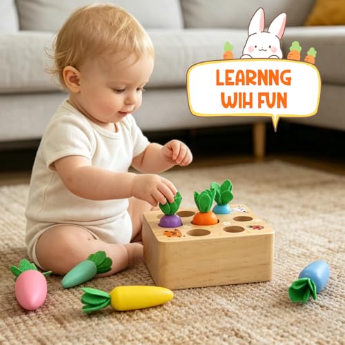 Image of Wdmiya Montessoritoys for 1 Year Old, Wooden Toys Developmental Shape Sorting & Matching Puzzle Macaron Carrots Harvest Game, Birthday Gifts for Toddlers Babies Boys and Girls 6-12 Months Christmas