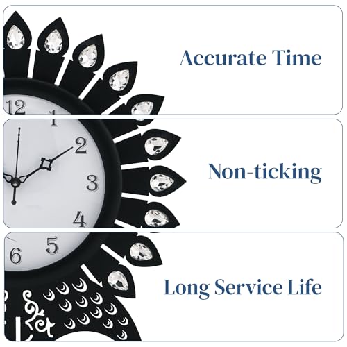 Image of Kuber Industries 14 Inches Wooden Peacock Designer Stones Analog Wall Clock | Vintage Interior Home and Office Decor, Living Room, Bedroom | Black