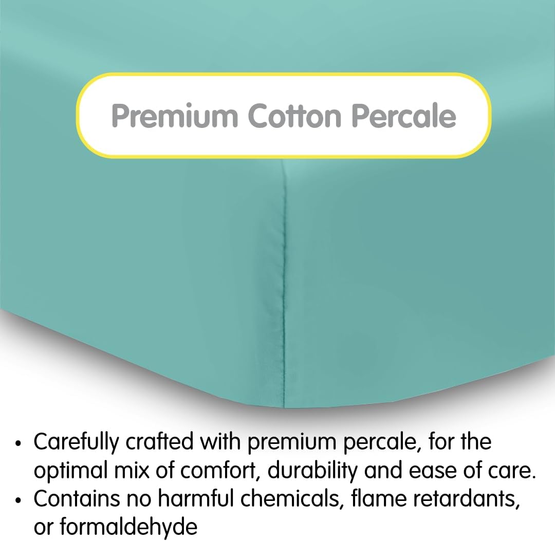 BreathableBaby Cotton Percale Fitted Sheet, for 52" x 28"/132 x 71 cm Crib & Toddler Bed Mattress, Aqua (2-Pack)