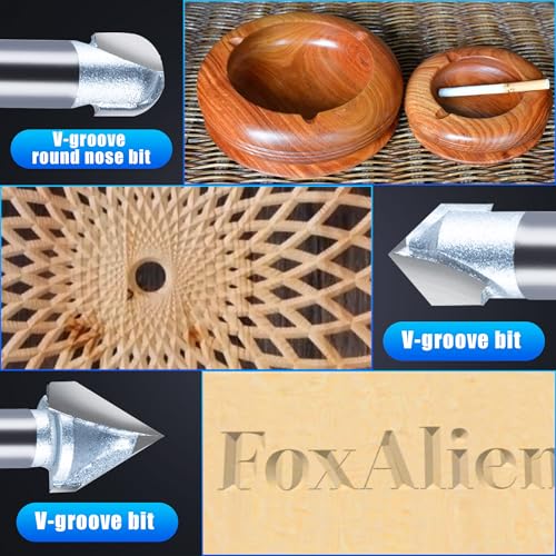 Image of FoxAlien 1 /4 inch Shank 3D Carving Router Set - V-Groove, Spiral End Mills, Tapered Bit for Wood Relief Carving, Woodworking, Lettering (10-in-1) - Includes 1 /4 inch ER11 Collet