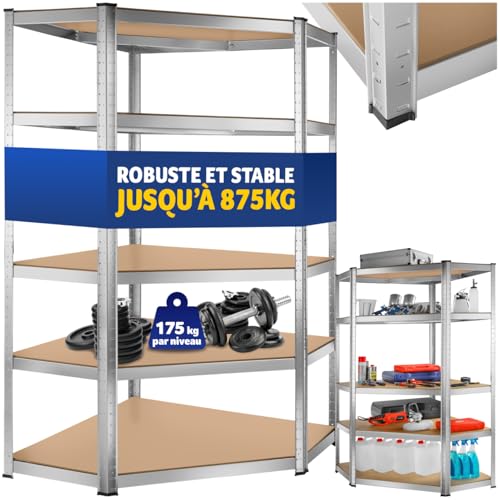 tectake® Étagère Garage Charge Lourde d'angle Modulable en Métal 5 Tablettes 180x89,5x89,5 cm Max. 875 kg Rangement Outils, Atelier Pneus, Buanderie