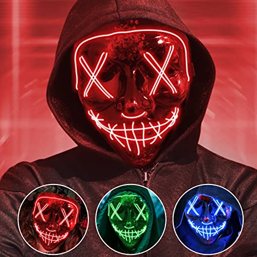 Jsdoin Halloween Masks Scary LED Purge Mask Light up Mask Cosplay LED Rave Face Mask Costume 3 Lighting Modes Halloween Face Masks for Men Women (Red)