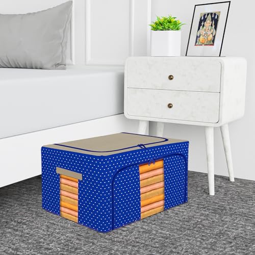 Image of Kuber Industries 88 Liter Clothes Storage Box | Foldable Steel Frame Clothes Organizer | Storage Box For Wardrobe-Saree-Shirts And Blankets | Underbed Storage Bag | Dot Print | Royal Blue