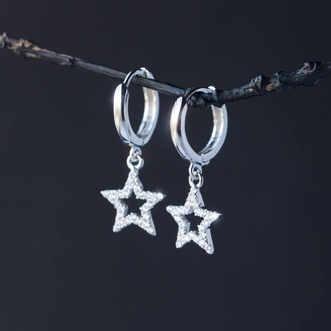 SLUYNZ 925 Sterling Silver CZ Star Hoop Earrings for Women Teens Star Hoop Dangle Earrings Huggie Studs - Image 4