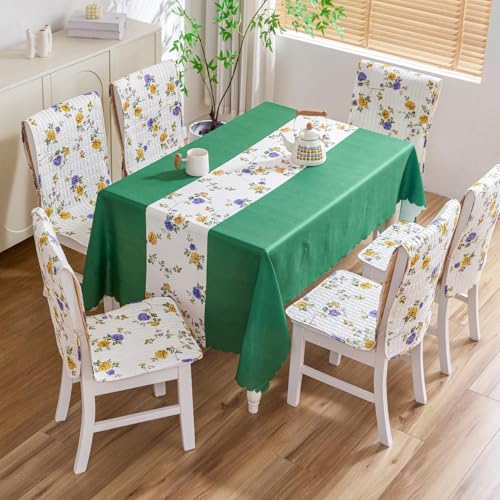 Image of HOMETHREADS Floral Cotton Chair Cover Set | Soft & Comfortable Seat Covers with Anti-Skid Non-Slip Backing + Waterproof Dining Table Cover (150x240 cm) Purple Beige, 8 Chair Covers + 1 Table Cover