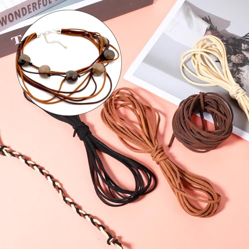 cobee 4 Rollen Lederschnur, Lederband für Ketten Leder Schnur Faux 5 m x 2,5 mm Leder Schnüre für DIY Armbänder Halsketten Schmuck Kunsthandwerk Geschenke (Schwarz+Mittelbraun+Rotbraun+Beige)