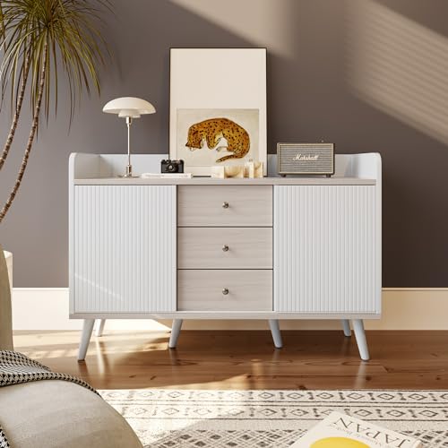 BTM Buffet de Cusine avec 3 tiroirs, Armoirede Rangement, Texture Délicate. Buffet Bois, Panneaux latéraux pour la Chambre et Le Salon, 40x118x80cm, Blanc
