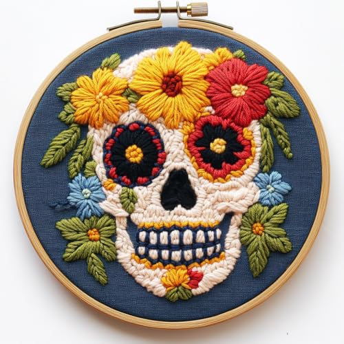 DIY Punch Needle Kits Skull with Flowers Easy for Beginners Punch Needle Embroidery Set with Hoop Stamped Pattern for Craft Lovers and Home Decor-3