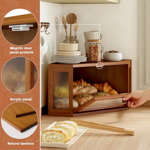 Image of WOWLIVE Corner Bread Box for Kitchen Countertop, Bamboo Bread Storage Container, Large Farmhouse Bread Holder with Acrylic Wavy Door Panel, Multi-functional Container, Caramel