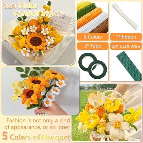 Image of 400 Pcs Pipe Cleaners Craft, 5 Assorted Colors Pipe Cleaners Bulk | Chenille Stems for DIY Flower Making Kit with Floral Wires, Gardening Tape,Stamen& Ribbon (Sunflowers)
