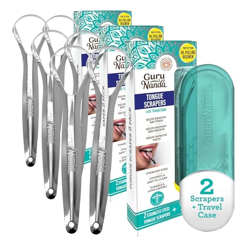 Image of GuruNanda Tongue Scraper for Adults (6 Pack) with Travel Case, 420 Medical-Grade 100% Stainless Steel Tongue Cleaner, Aids in Fresh Breath & Oral Care
