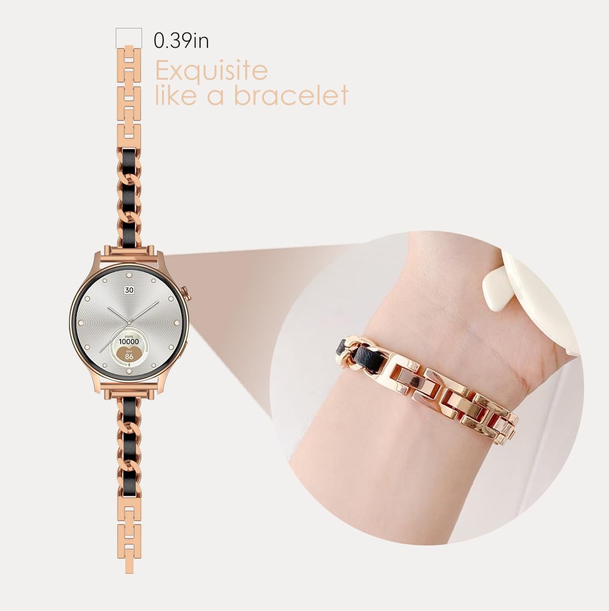 LYSANDRA Correa de pulsera de cadena de metal ajustable compatible con reloj inteligente Fitpolo AR-01, aeac AR-01, correa de pulsera de cadena de metal ajustable con cuero (oro rosa)