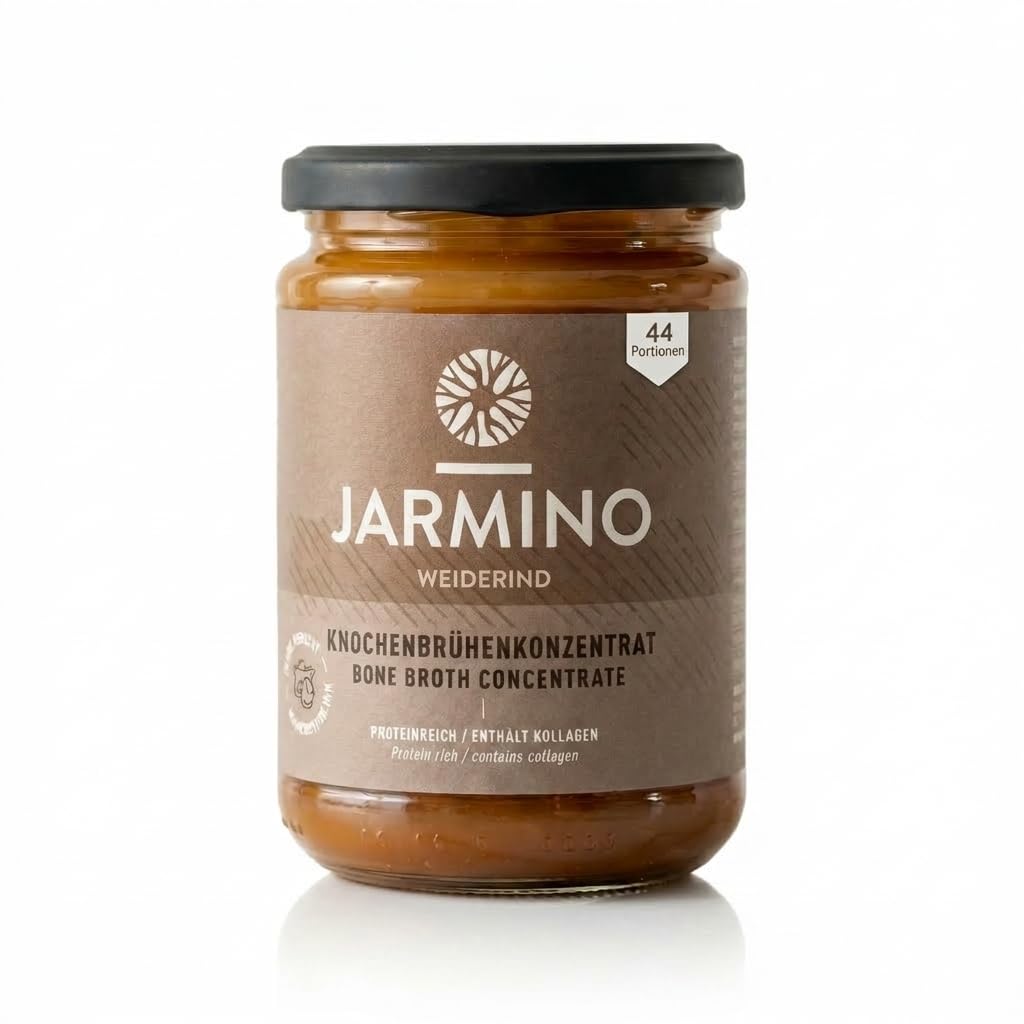 JARMINO Bio Rinderknochenbrühe Konzentrat, Grasgefütterte Brühe für Menschen, Flüssige Knochenbrühe mit Kollagenprotein, Keto, Paleo & AIP geeignet, Rinderbrühe, 440 g, 44 Portionen
