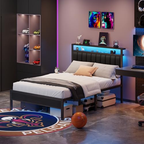 Image of Furnulem Queen Size Bed Frame with Charging Station and LED Lights, Platform Bed with Metal Slats, Grey Upholstered Headboard with 2-Tier Storage Shelves, No Box Spring Needed