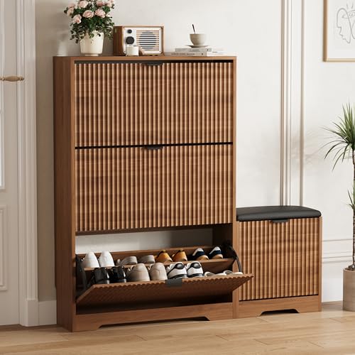 Image of HUANLEGO Shoe Cabinet Storage for Entryway with 4 Flip Drawers, Walnut Fluted Shoe Cabinet with Bench, Wooden Hidden Shoe Rack Freestanding Narrow Slim Shoes Storage Organizer for Hallway, Entrance