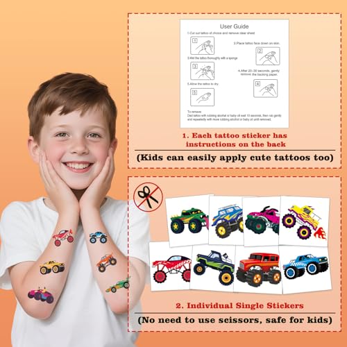 104 PCS Monster Truck Temporary Tattoos for Kids Party Supplies, Individually Wrapped Monster Truck Fake Tattoos Temp Tattoo Stickers for Boys Girls Birthday Party Favors Decorations Activities