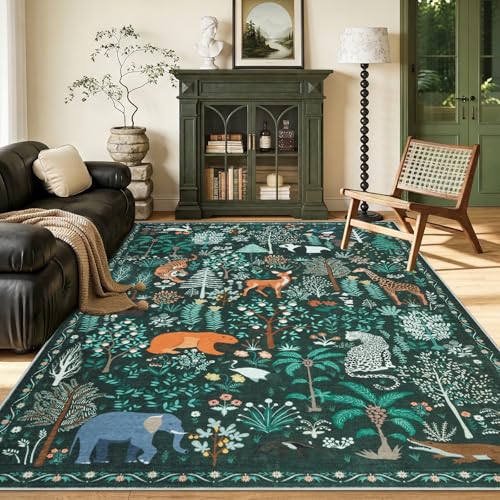 Image of Homcomodar Area Rugs for Living Room 120x170cm Vintage Washable Rug Non-Slip Boho Kids Rug Dark Green Rug for Bedroom Soft Low Pile Floral Carpet for Nursery Dining Room Farmhouse Home Office