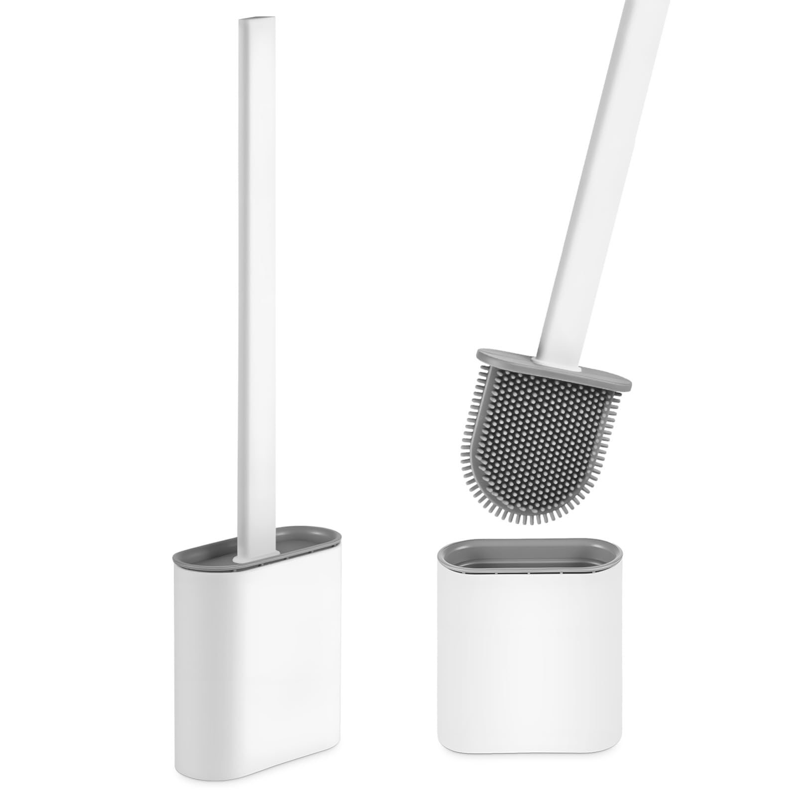 Minifactory 2Pcs Silicone Toilet Brush and Holder Set Flexible Flat Head Toilet Cleaning Brush with Long Non-Slip Handle Quick-Dry Wall Mount or Floor Standing Base for Bathroom (White)