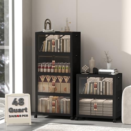Image of UAMFURI 288QT Lockable Storage Bins with Lids - Stackable Storage Cabinet with Doors and Wheels, Collapsible Plastic Organizer and Containers for Bedroom Dorm Office Garage, 6 Pack Cubes