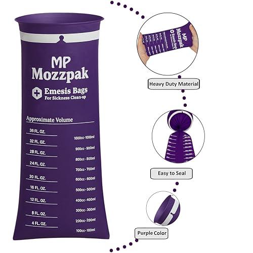 Image of MP MOZZPAK Vomit Bags Disposable 35 Pack - 1000ml Emesis Bags, Leak-Proof Barf Bag, Travel Friendly Puke & Nausea Bag for Motion Sickness, Medical Grade Throw up Relief for Car, Airplane, & Road Trip