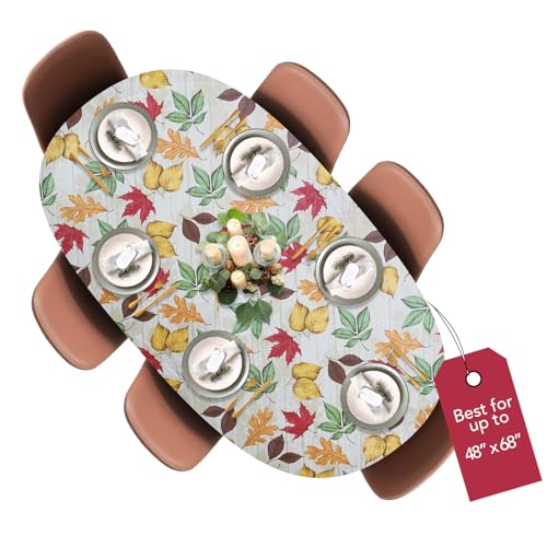 Covers For The Home Deluxe Elastic Edged Flannel Backed Vinyl Fitted Table Cover - All-Over Leaves Pattern - Round Oblong Oval - Fits Tables up to 48