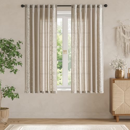 Image of jinchan Taupe Floral Linen Curtains for Living Room 63 inch Back Tab 2 Panels