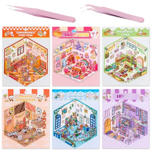 JUGUTA 6 Juegos De Pegatinas 3D Para Casa, Reutilizables Pegatinas Para Casa En Miniatura, 3D Cartoon Sticker Scene, Divertidas Stickers De Bricolaje Para Escena, Para Adultos Y Niños