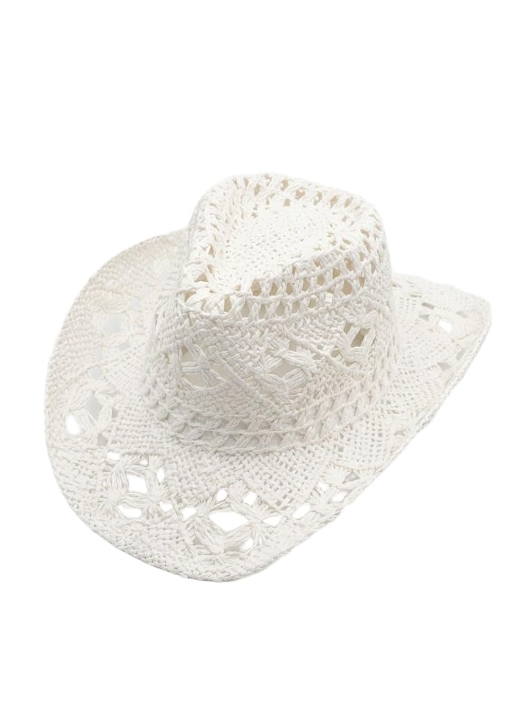 Cappello da Cowboy in Paglia Bianco Donna e Uomo - Cappello Western Estivo Traforato a Tesa Larga per Spiaggia e Viaggi V026
