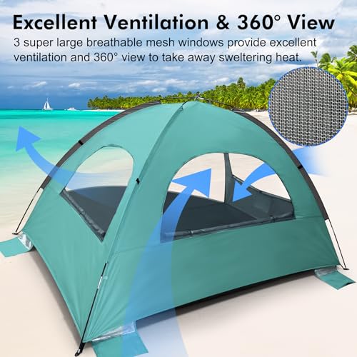 Image of WhiteFang Beach Tent Anti-UV Portable Sun Shade Shelter for 3 /4 /6 /8 Person, Extendable Floor with 3 Ventilating Mesh Windows Plus Carrying Bag, Stakes and Guy Lines