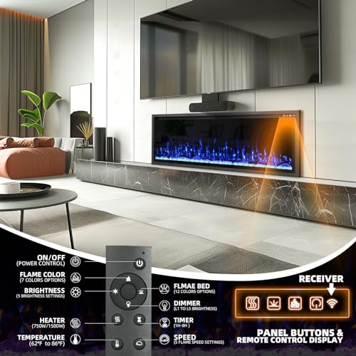 Image of Kucreiheat Electric Fireplace-50'' Luxury Fireplace Wall Mounted & Recessed, Ultra-Slim with Log & Crystal, Remote Control, Thermostat, Timer, 750W /1500W Heater
