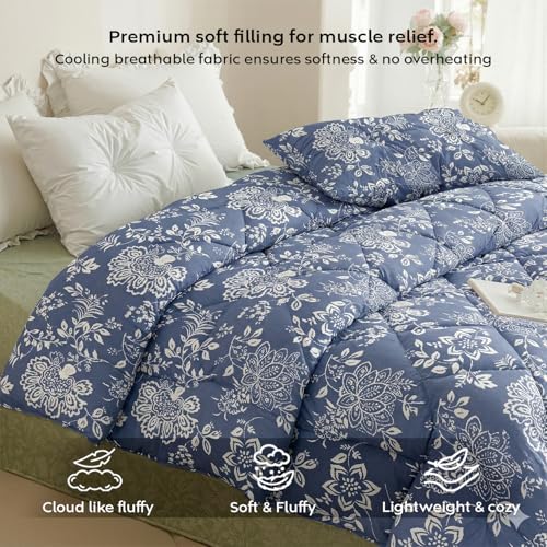 Image of AYKA Reversible AC Comforter 150 GSM Microfiber Summer Blanket Single Bed (60x90 Inches) | Floral Design Cooling Quilt for AC Room | Soft Breathable Duvet Blue & White