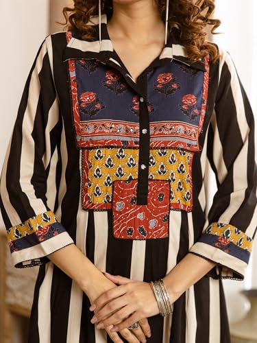 Image of INDO ERA Women's Viscose Rayon Striped Printed Straight Calf Length Kurta & Palazzo Set (IEOUT12413)