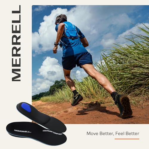 Image of MERRELL Premium Comfort Insoles for Men - Orthotic Insoles with Slow Rebound Memory Foam & Semi-Rigid Cork Layer for support - Plantar Fasciitis Relief, Work Boot, Hiking /For Low to Medium Arch Height