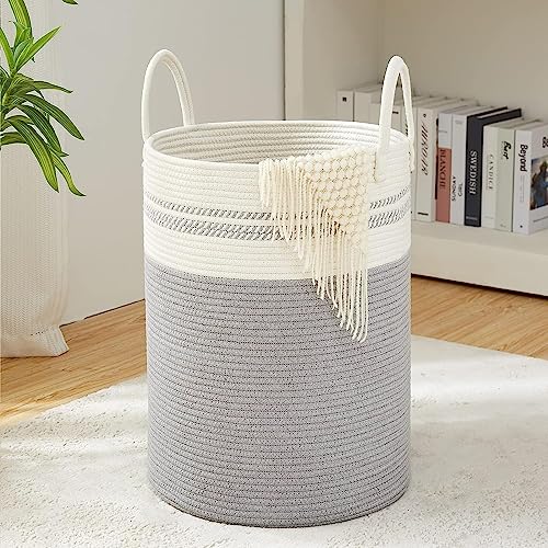 Image of Cotton Rope Laundry Basket with Handles, Large Round Woven Storage Basket for Clothes,Blankets,Towels&Toys, Multipurpose Home Organizer Basket for Bedroom(Grey Mix,Small (35L)(10 inchX10 inchX10 inch)