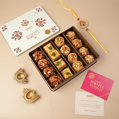 Image of ASHA SWEETS Rakhi Celebration Combo Pack with Premium Baklava Tin Box (430gm), 1 Handmade Rakhi & Wish Card Set for Gifting to Brother & Sister |Premium Raksha Bandhan Festive Gift Box for Family & Friends & Pets