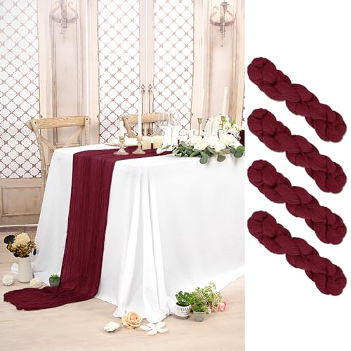 Lot de 4 Chemins de Table en Étamine Bordeaux, 90 x 300 cm, Tissu Gaze Rustique Bohème, Longue...