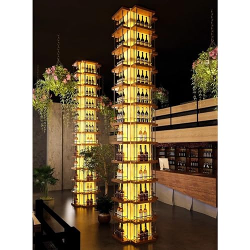 Botellero industrial independiente con luces LED, soporte modular apilable para vino, soporte grande para botellas de vino, diseño de metal y madera (60 x 15 x 351 cm)