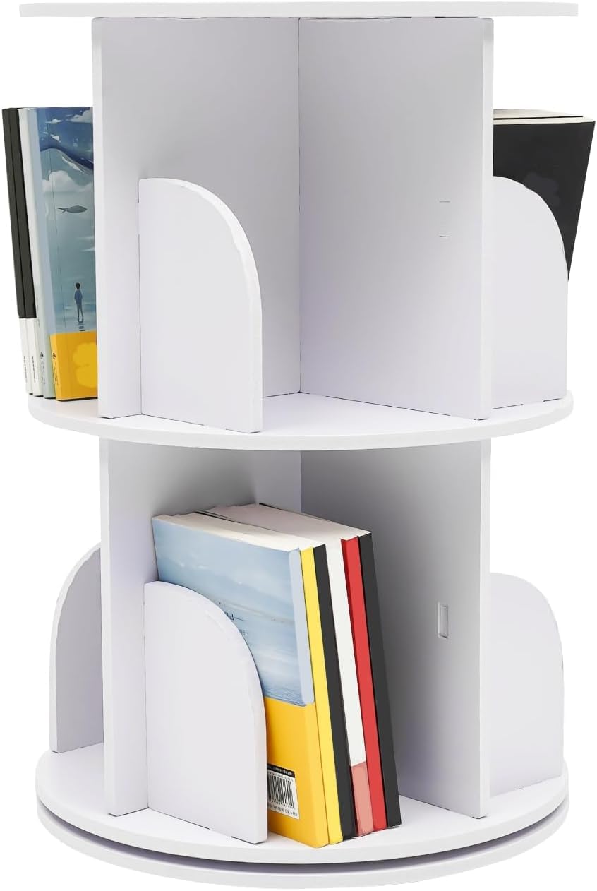 2-Tier Rotating Bookshelf Tower, Corner Bookcase Spinning Bookshelf, 360 ° Revolving Bookcase Book Storage Organizer Rack, Floor Standing Bookcases