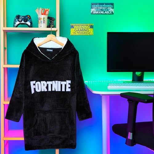 Fortnite Oversized Hoodie, Sudadera Manta con Capucha para Niños y Adolescentes +14 Poncho Manta Extra Largo Regalos para Gamers (Negro Print Niños)