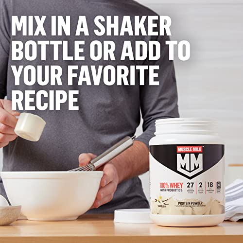 Image of Muscle Milk 100% Whey With Probiotics Protein Powder, Chocolate, 1.85 Pound, 23 Servings, 27g Protein, 2g Sugar, 1B CFU Probiotics, Low in Fat, NSF Certified for Sport, Packaging May Vary