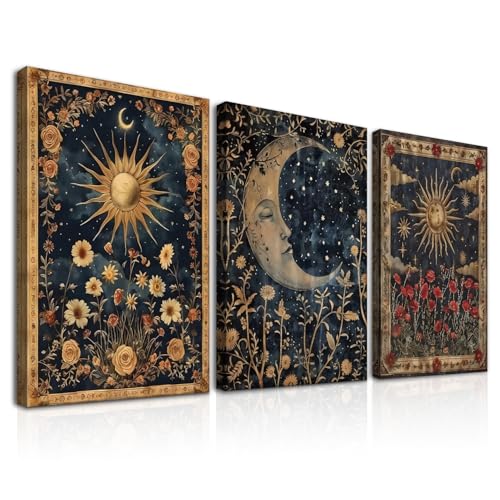 Dazzlewall 3er Set Vintage Boho Gothic Wandkunst Sonne & Mond Tarotkarten Blüten Geheimnisvolle Okkulte Wandbilder für Schlafzimmer Wohnzimmer Mit Rahmen 30x40 cm